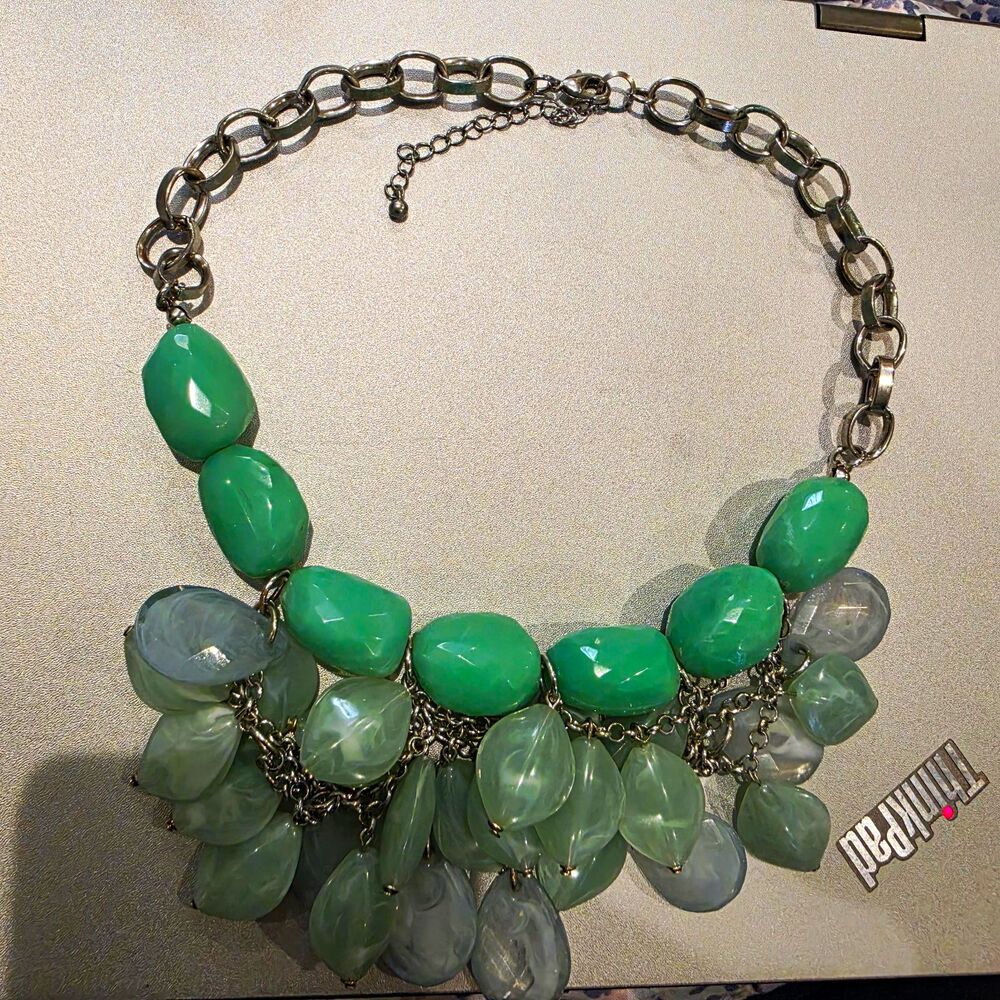 Mint Green Acrylic Bib Statement Necklace 18" + 3" Extender Silver Tone Fringe